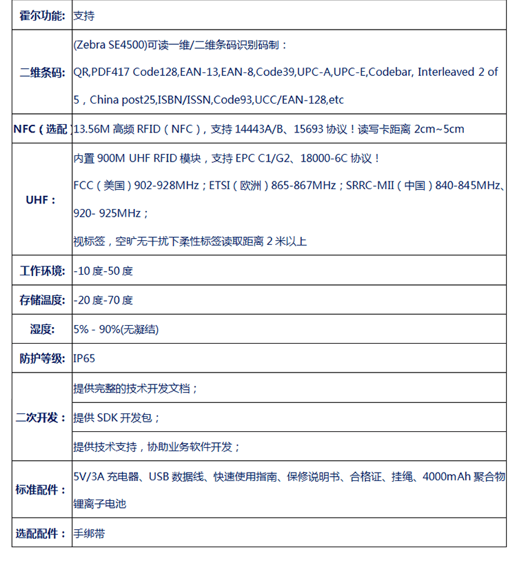  無線數據采集手持終端產品規格